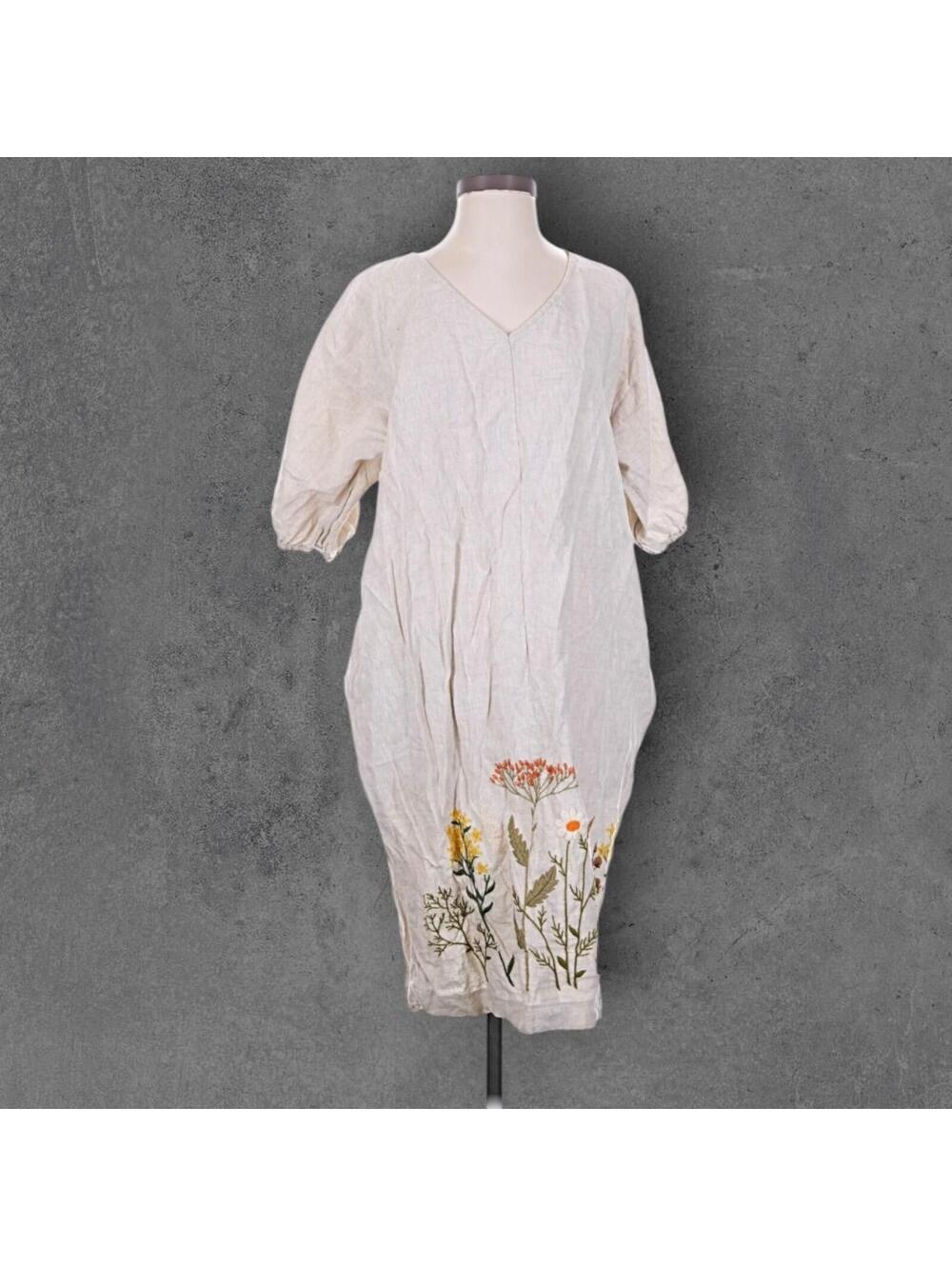 All Bodies 100% Linen Floral Embroidered Beige Boho Chic Midi Pocket Dress OS